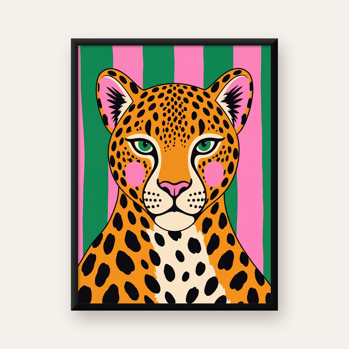 Pop Art Leopar Posteri – Canlı Renkli Modern Duvar Sanatı — Dikey baskı, düz siyah çerçeveli duvar posteri