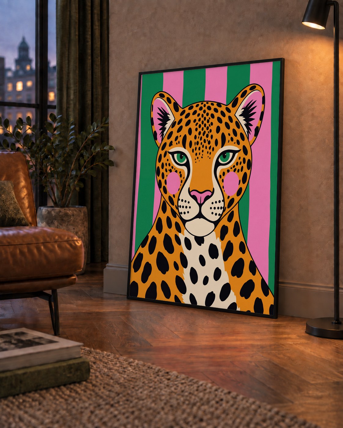 Pop Art Leopar Posteri – Canlı Renkli Modern Duvar Sanatı — çerçeveli hâliyle bir ev duvarında