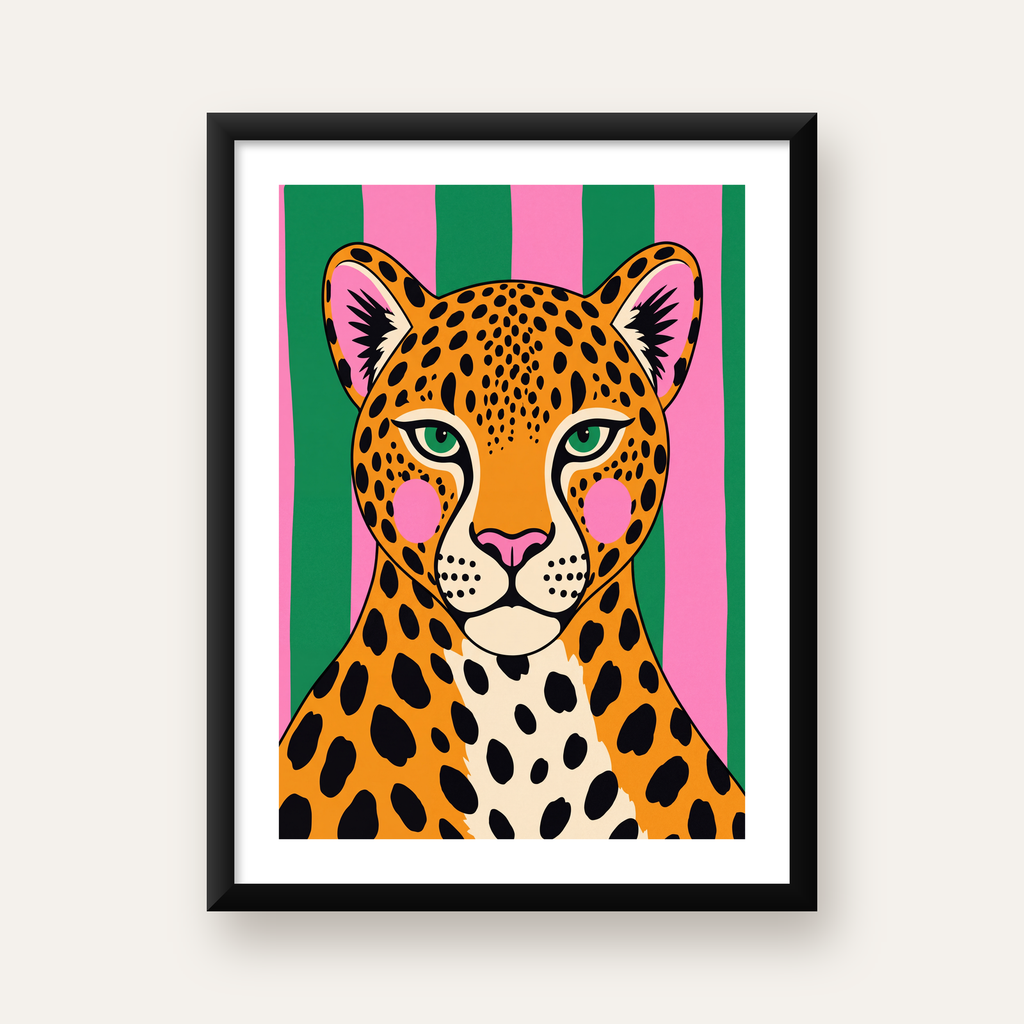 Pop Art Leopar Posteri – Canlı Renkli Modern Duvar Sanatı — Dikey baskı, beyaz paspartulu