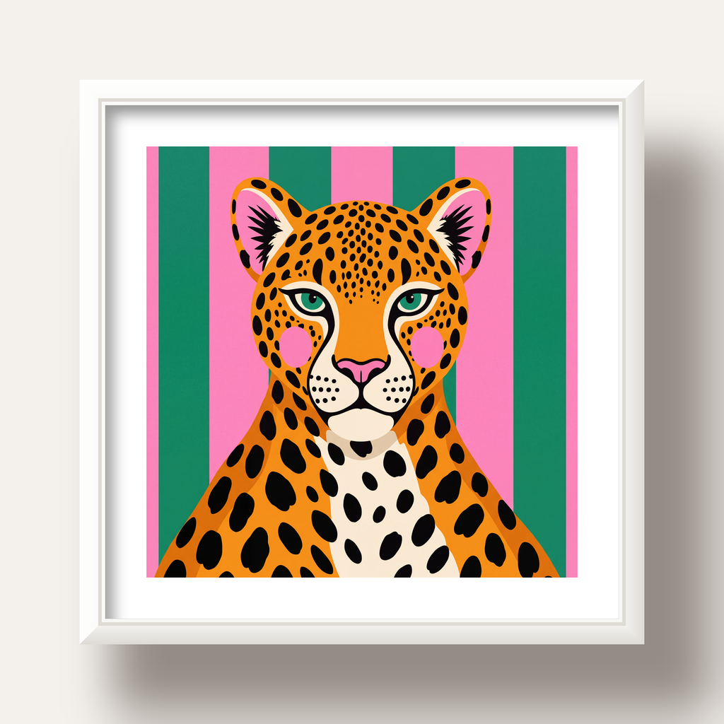 Pop Art Leopar Posteri – Canlı Renkli Modern Duvar Sanatı — beyaz derin çerçeveli paspartulu