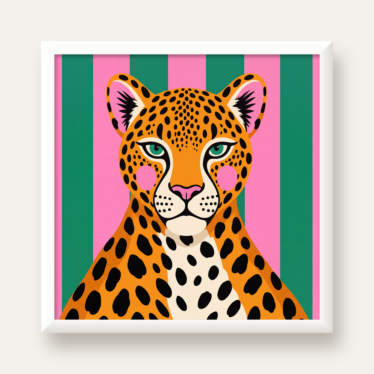 Pop Art Leopar Posteri – Canlı Renkli Modern Duvar Sanatı — beyaz çerçeveli kare poster