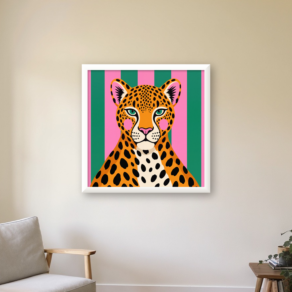 Pop Art Leopar Posteri – Canlı Renkli Modern Duvar Sanatı — beyaz çerçeveli kare poster