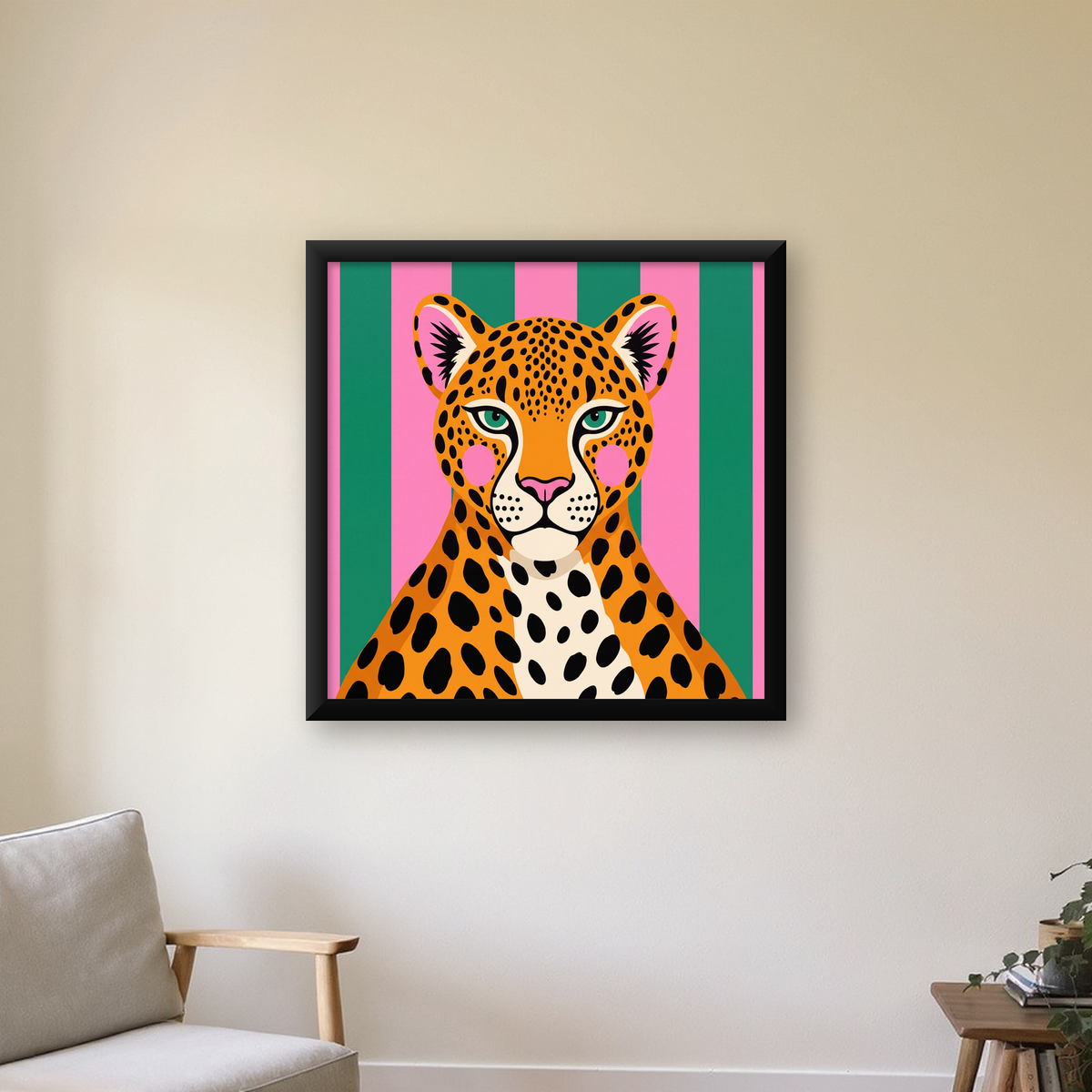 Pop Art Leopar Posteri – Canlı Renkli Modern Duvar Sanatı — Kare baskı, çerçeveli hâliyle bir ev duvarında
