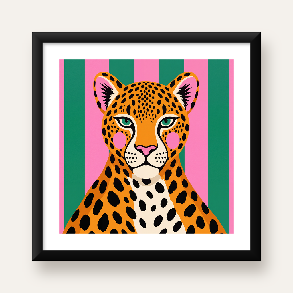 Pop Art Leopar Posteri – Canlı Renkli Modern Duvar Sanatı — Kare baskı, beyaz paspartulu