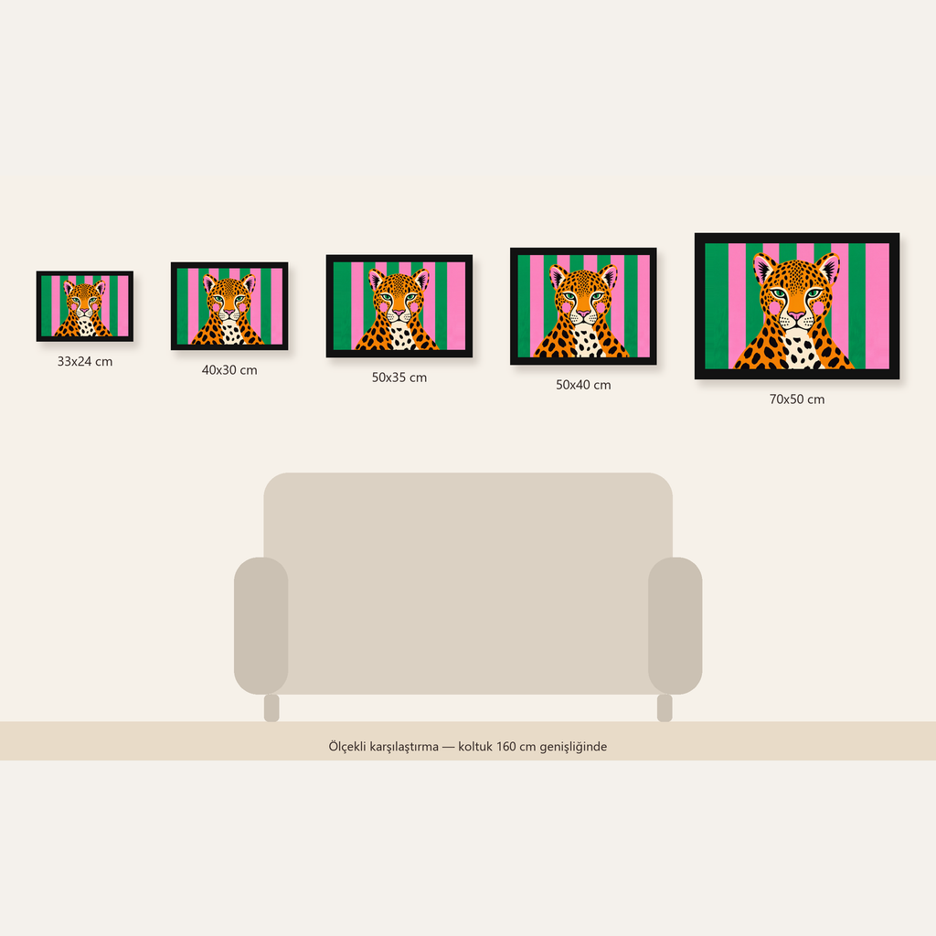 Pop Art Leopar Posteri – Canlı Renkli Modern Duvar Sanatı — Yatay ölçülerinin karşılaştırması