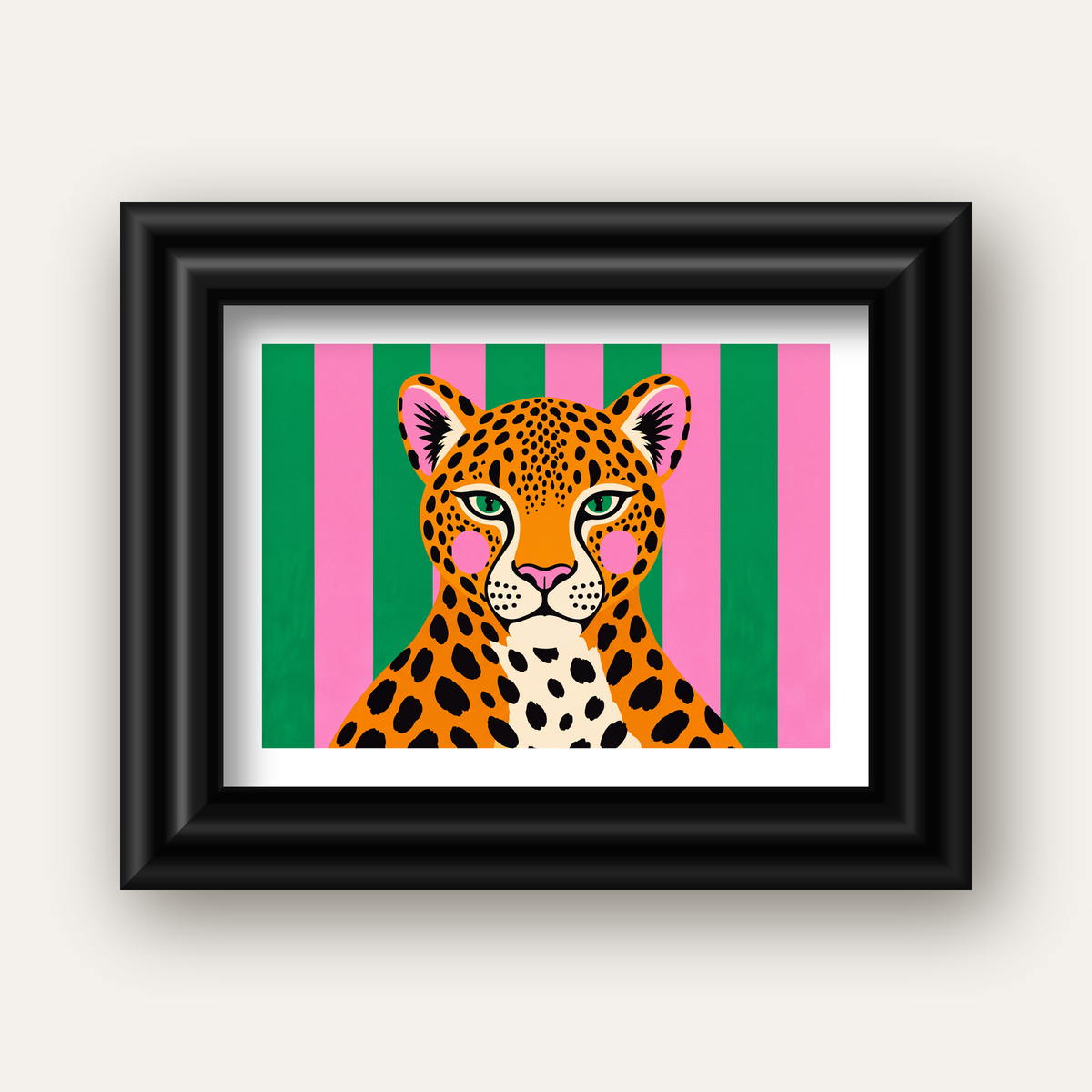 Pop Art Leopar Posteri – Canlı Renkli Modern Duvar Sanatı — siyah galeri çerçeveli paspartulu