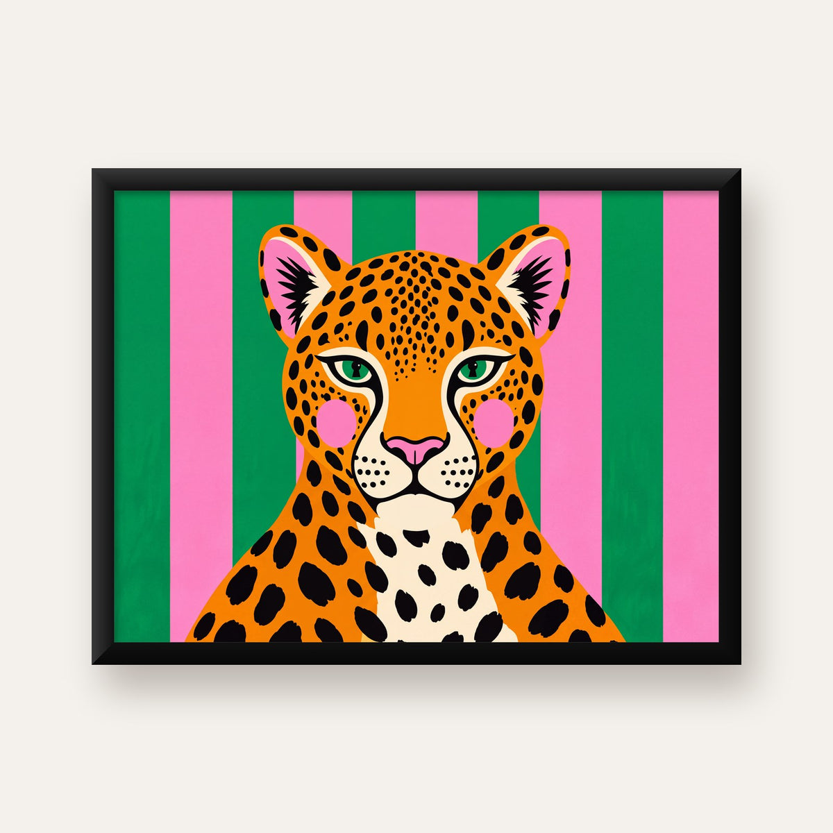 Pop Art Leopar Posteri – Canlı Renkli Modern Duvar Sanatı — Yatay baskı, düz siyah çerçeveli duvar posteri