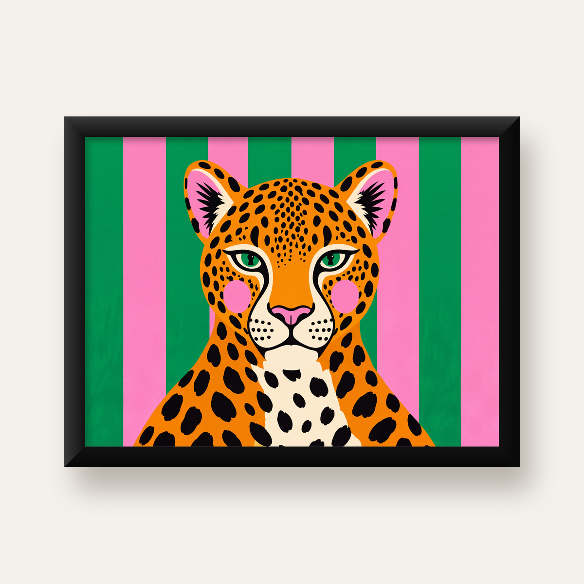 Pop Art Leopar Posteri – Canlı Renkli Modern Duvar Sanatı — Yatay baskı, düz siyah çerçeveli duvar posteri