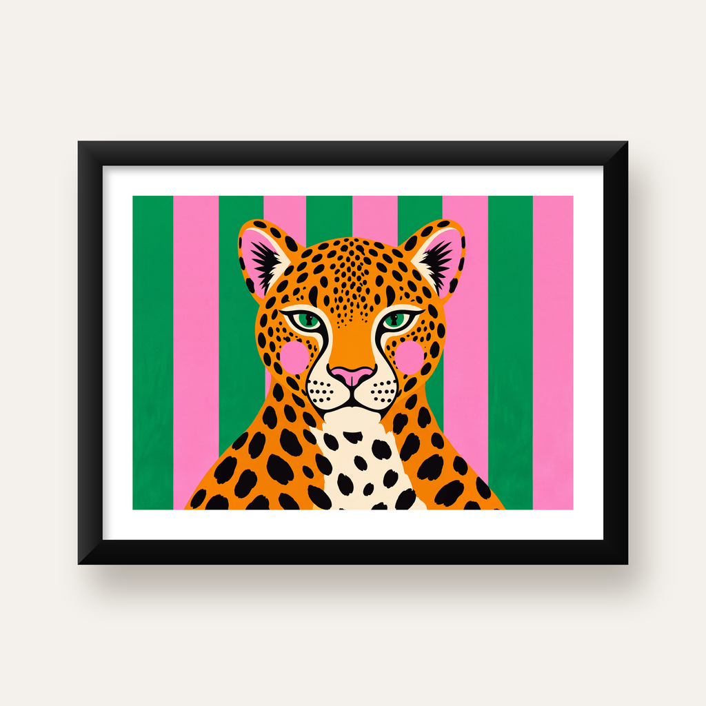 Pop Art Leopar Posteri – Canlı Renkli Modern Duvar Sanatı — Yatay baskı, beyaz paspartulu