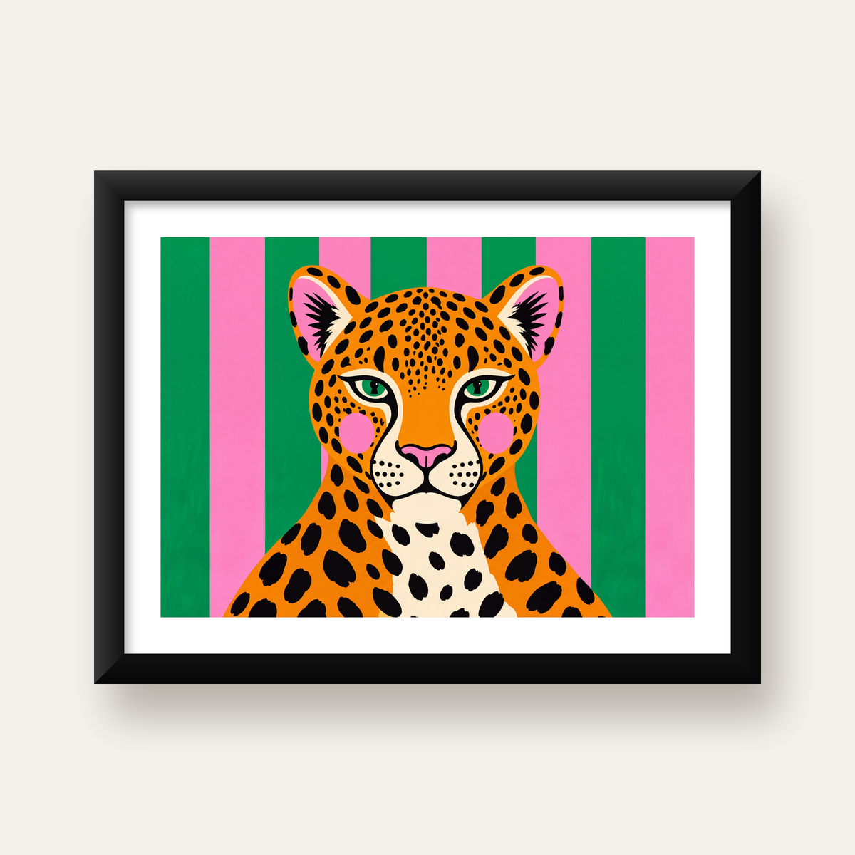 Pop Art Leopar Posteri – Canlı Renkli Modern Duvar Sanatı — Yatay baskı, beyaz paspartulu