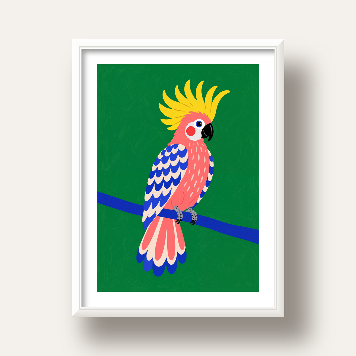Renkli Kakadu İllüstrasyonu Modern Poster — beyaz derin çerçeveli paspartulu