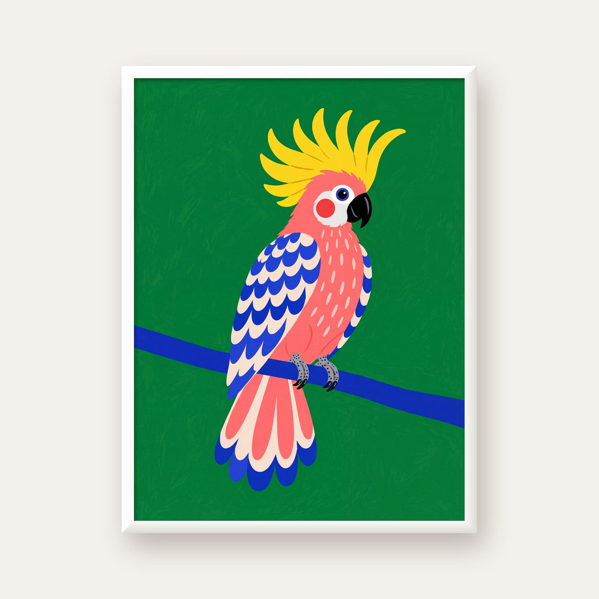 Renkli Kakadu İllüstrasyonu Modern Poster — beyaz çerçeveli dikey poster