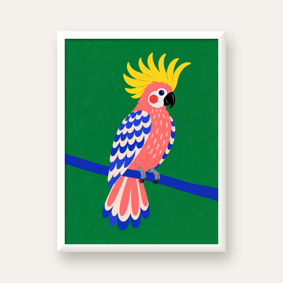 Renkli Kakadu İllüstrasyonu Modern Poster — beyaz çerçeveli dikey poster