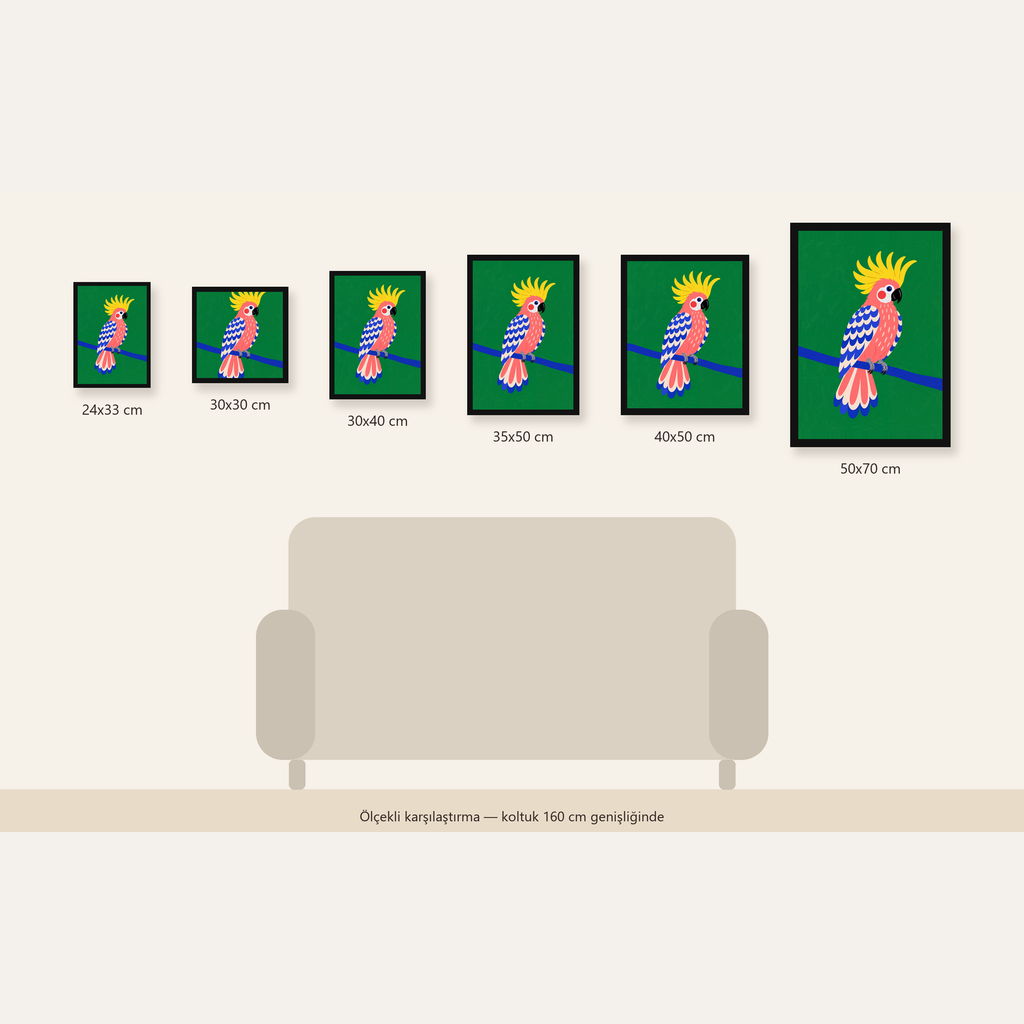 Renkli Kakadu İllüstrasyonu Modern Poster — Dikey ölçülerinin karşılaştırması
