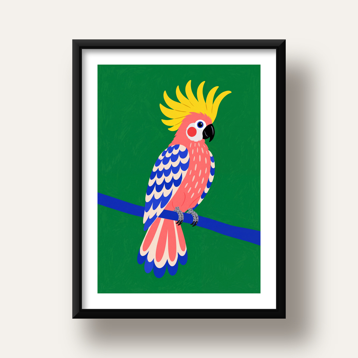 Renkli Kakadu İllüstrasyonu Modern Poster — siyah derin çerçeveli paspartulu