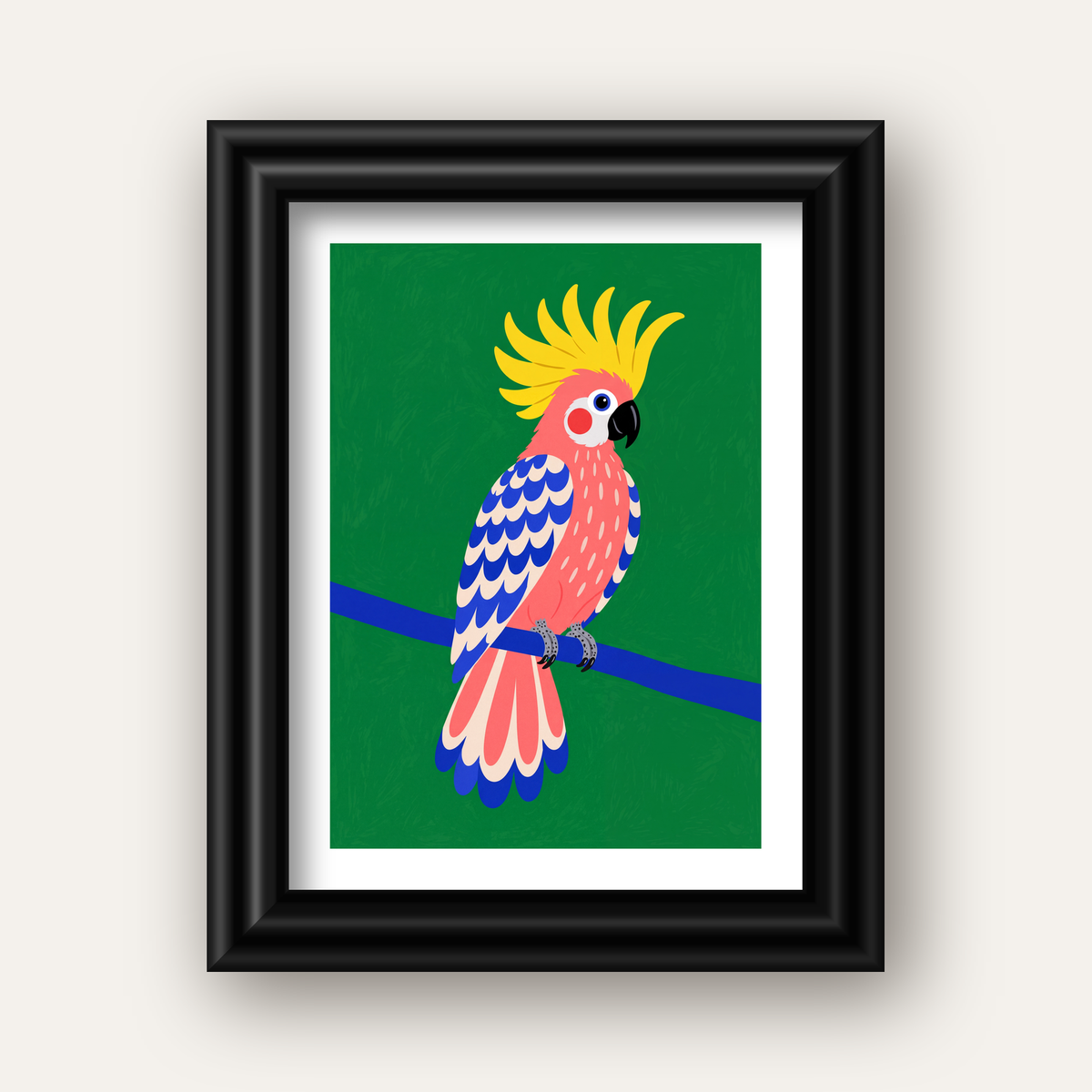 Renkli Kakadu İllüstrasyonu Modern Poster — siyah galeri çerçeveli paspartulu