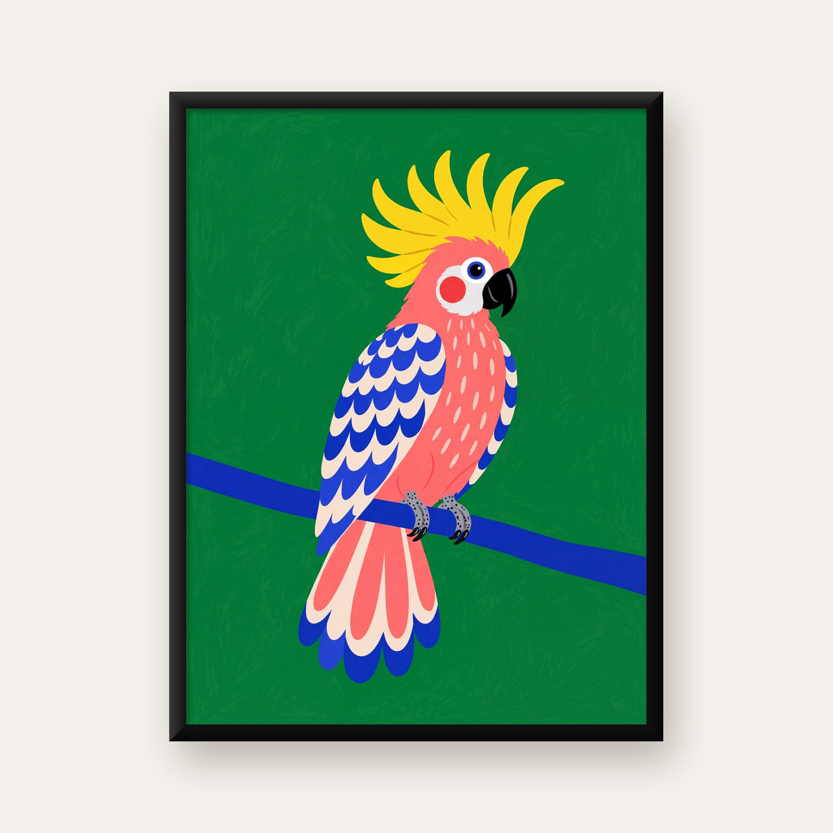 Renkli Kakadu İllüstrasyonu Modern Poster — Dikey baskı, düz siyah çerçeveli duvar posteri