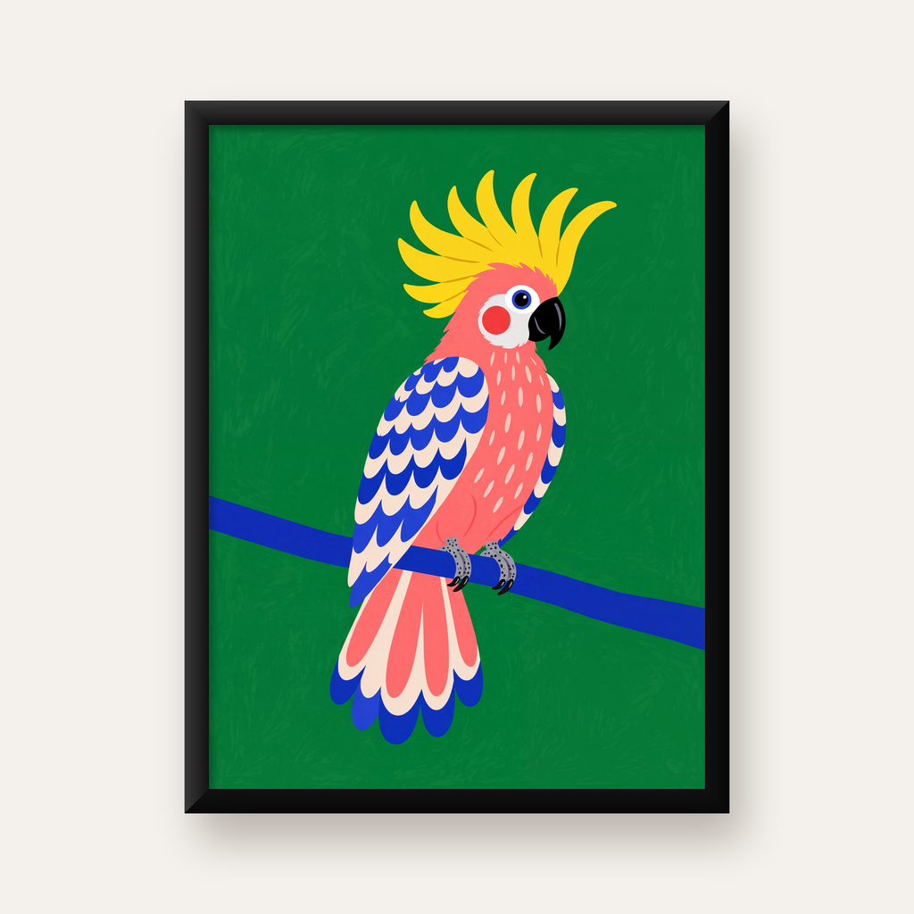 Renkli Kakadu İllüstrasyonu Modern Poster — Dikey baskı, düz siyah çerçeveli duvar posteri