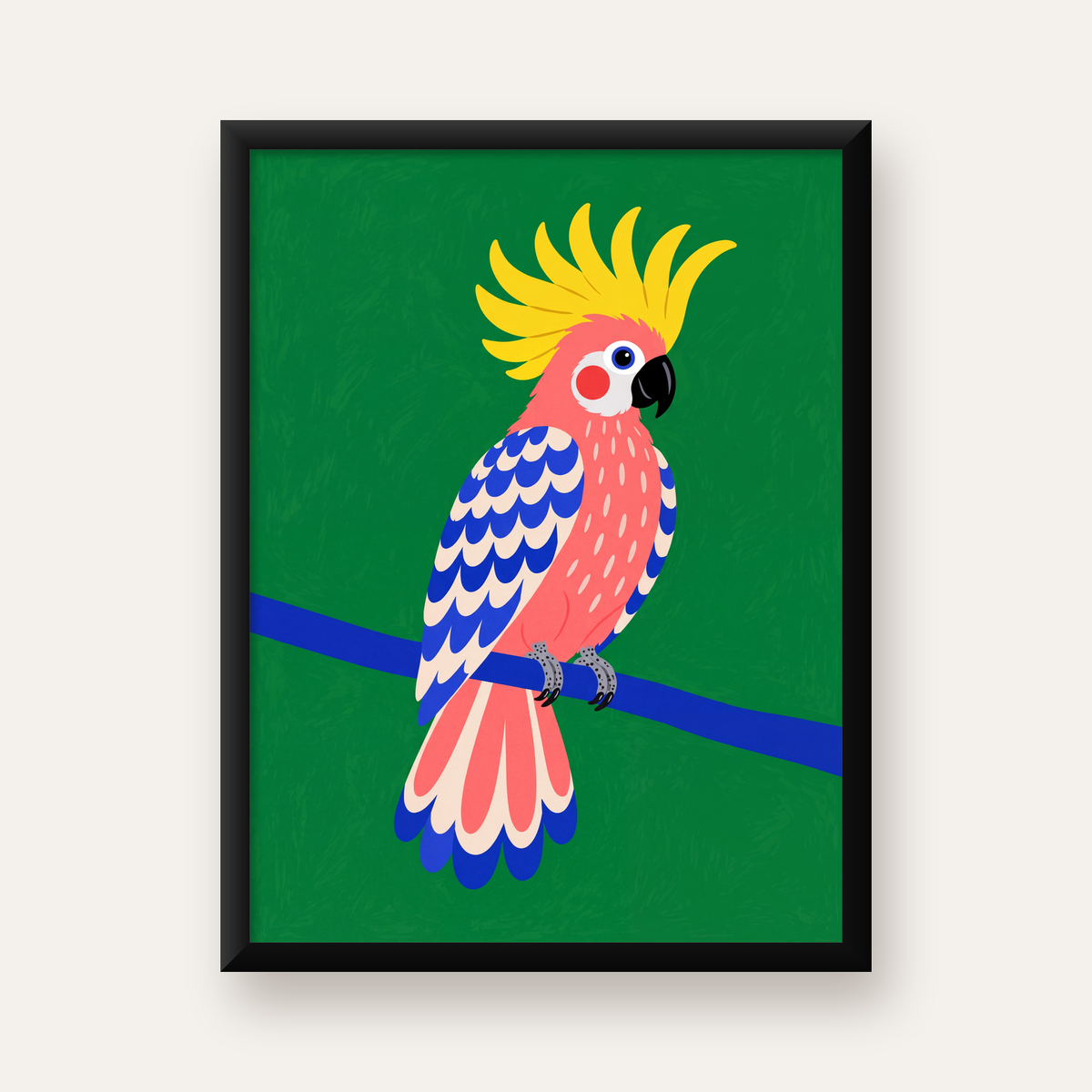 Renkli Kakadu İllüstrasyonu Modern Poster — Dikey baskı, düz siyah çerçeveli duvar posteri