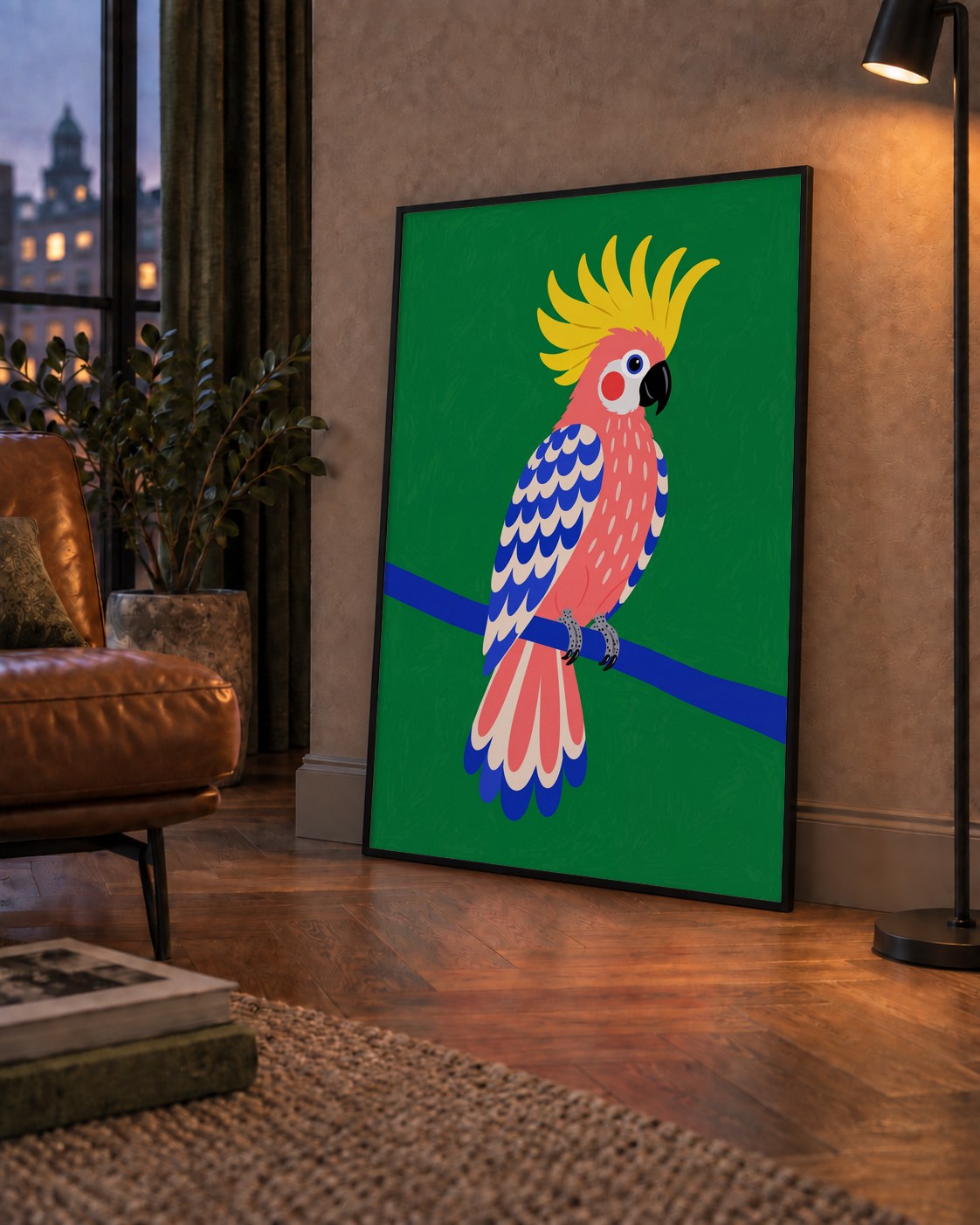 Renkli Kakadu İllüstrasyonu Modern Poster — çerçeveli hâliyle bir ev duvarında