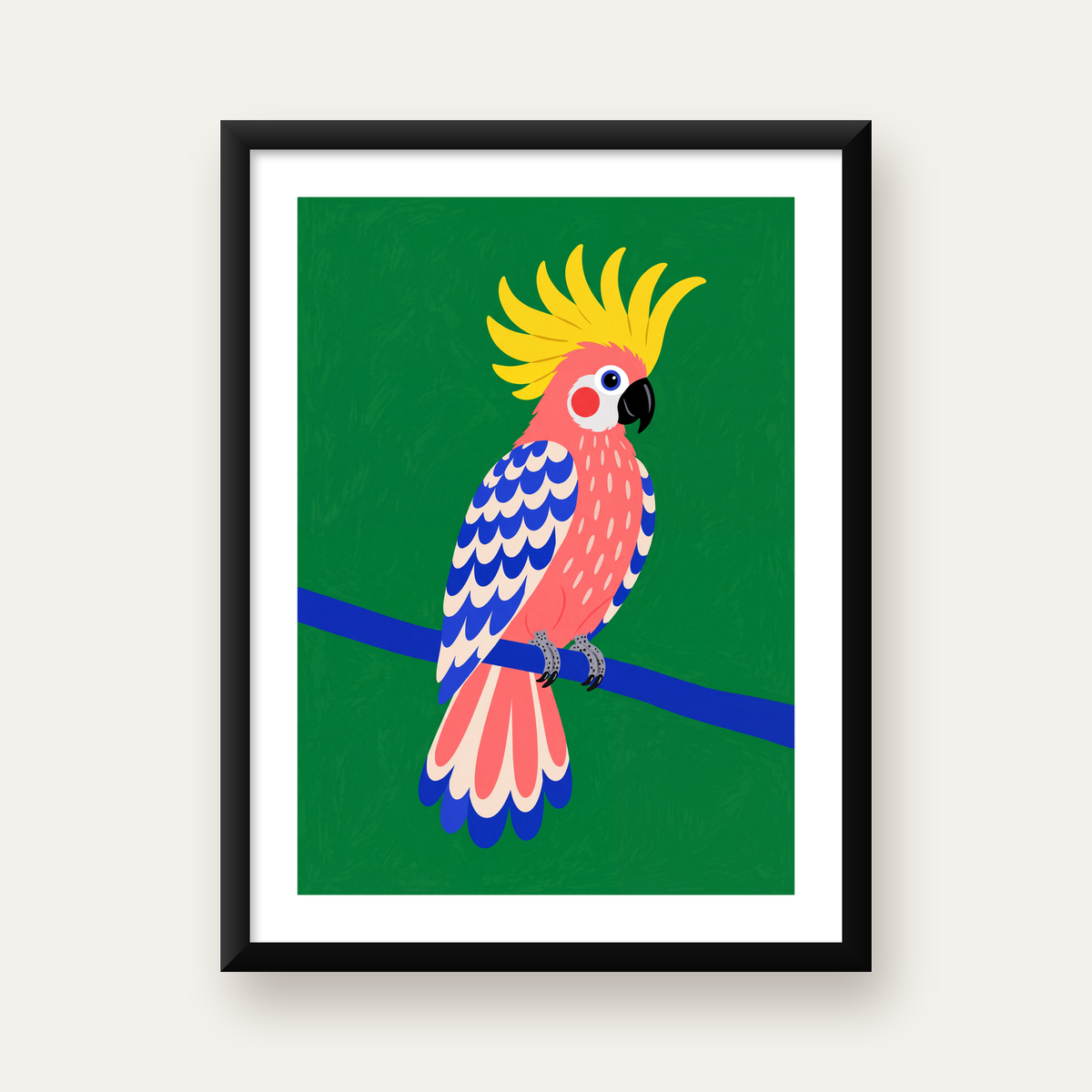 Renkli Kakadu İllüstrasyonu Modern Poster — Dikey baskı, beyaz paspartulu