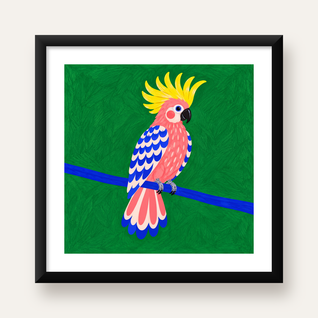 Renkli Kakadu İllüstrasyonu Modern Poster — Kare baskı, beyaz paspartulu