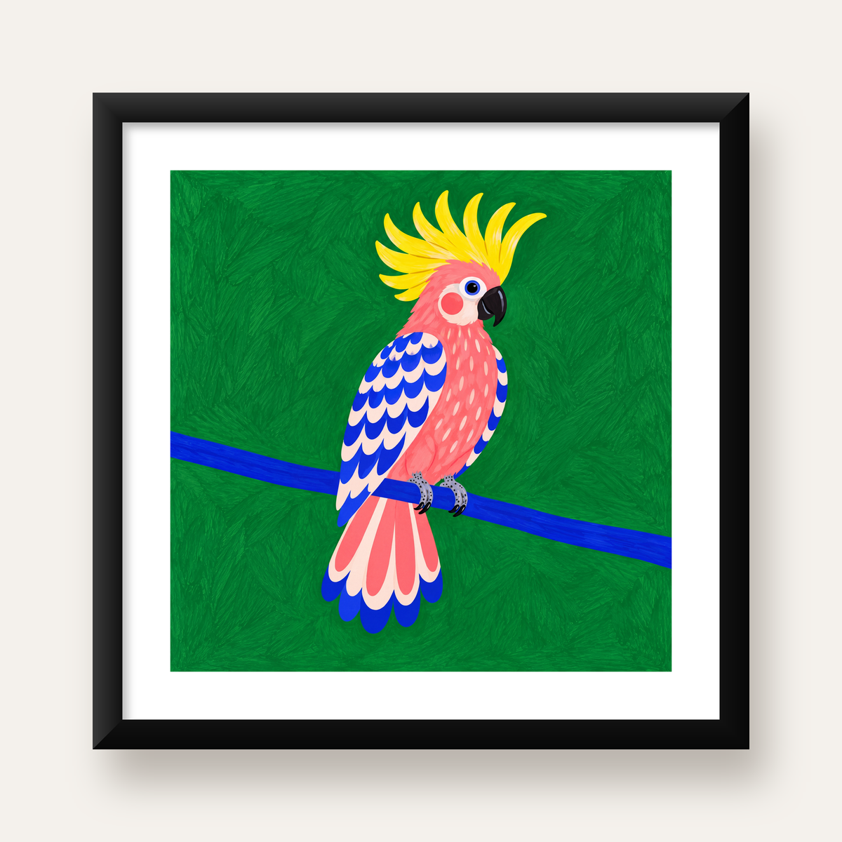 Renkli Kakadu İllüstrasyonu Modern Poster — Kare baskı, beyaz paspartulu