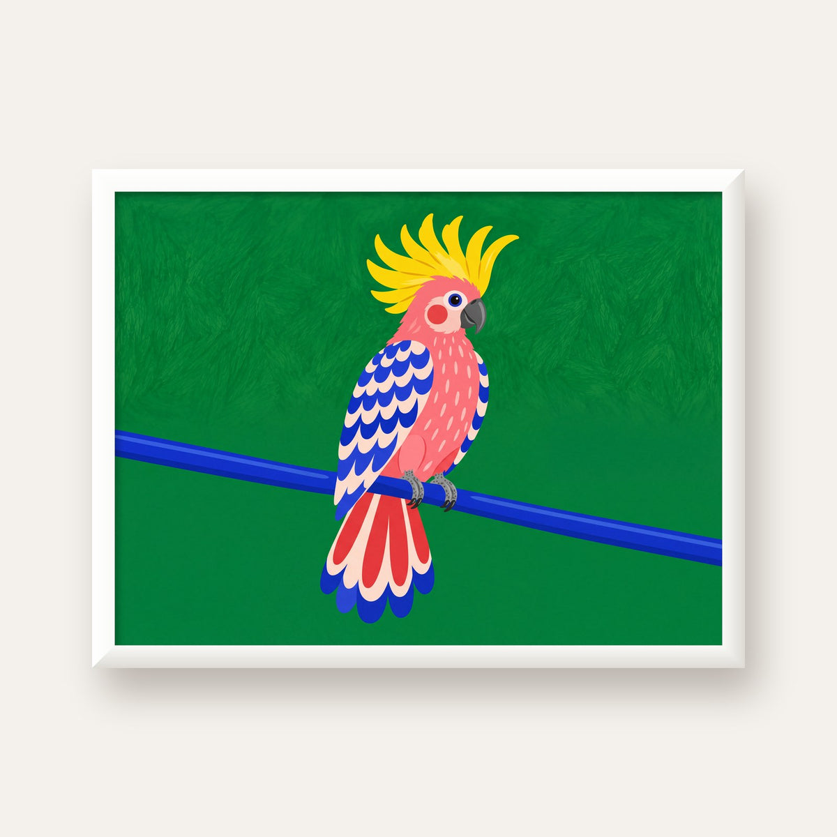 Renkli Kakadu İllüstrasyonu Modern Poster — beyaz çerçeveli yatay poster
