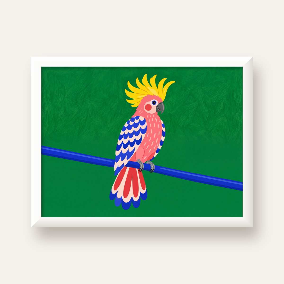 Renkli Kakadu İllüstrasyonu Modern Poster — beyaz çerçeveli yatay poster