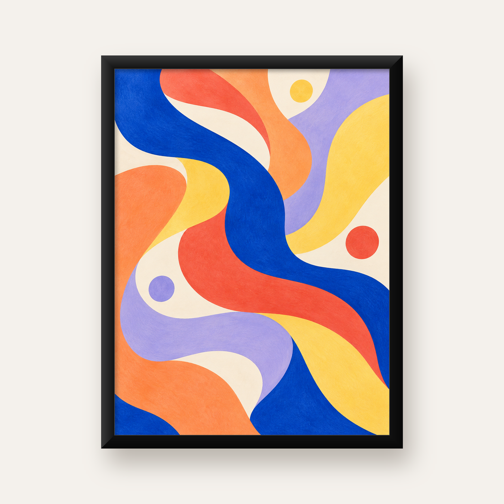 Soyut Renkli Dalgalar Poster – Modern Sanat Baskısı — Dikey baskı, düz siyah çerçeveli duvar posteri