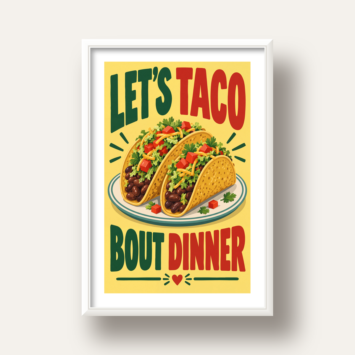 Renkli Taco İllüstrasyonlu Eğlenceli Akşam Yemeği Posteri — beyaz derin çerçeveli paspartulu
