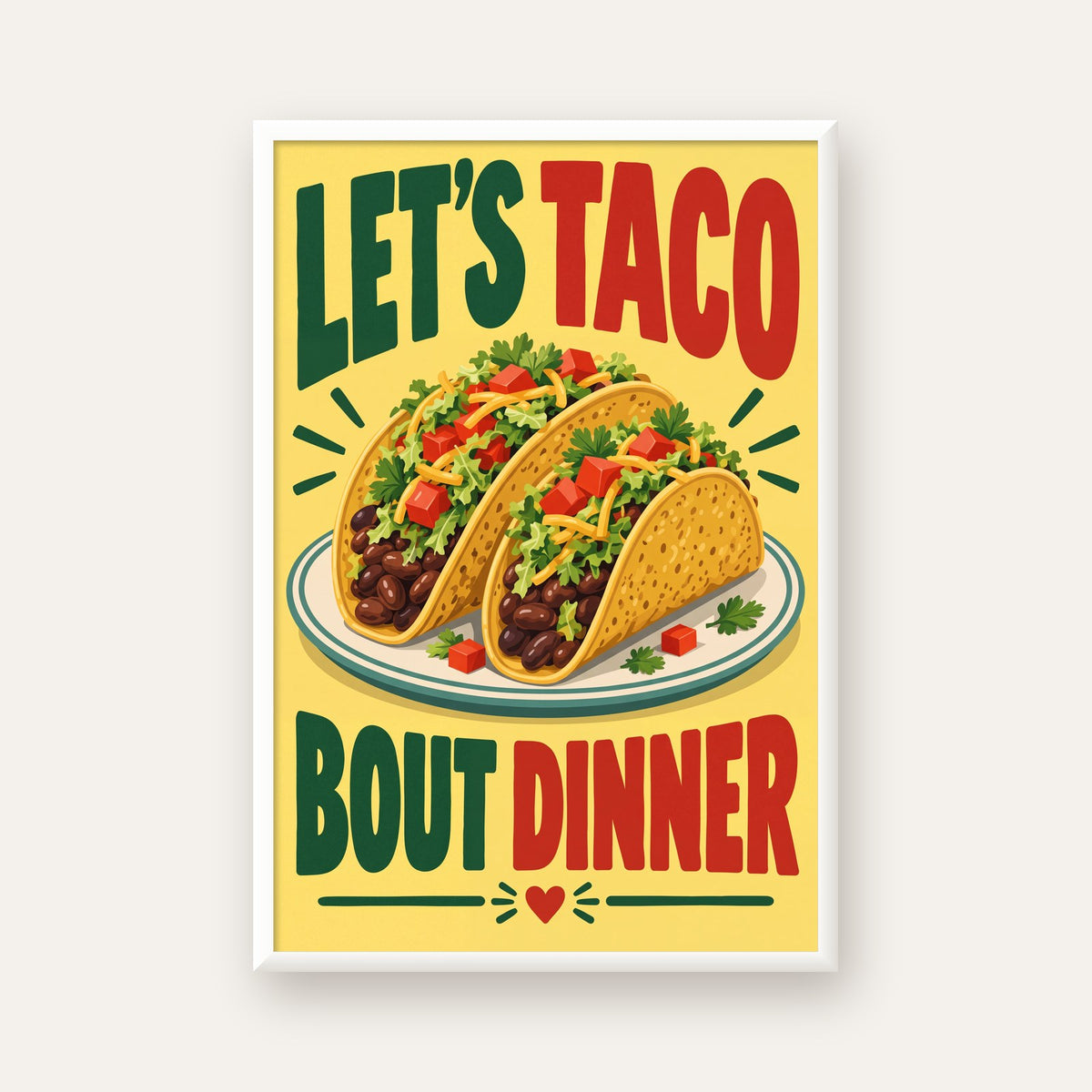 Renkli Taco İllüstrasyonlu Eğlenceli Akşam Yemeği Posteri — beyaz çerçeveli dikey poster