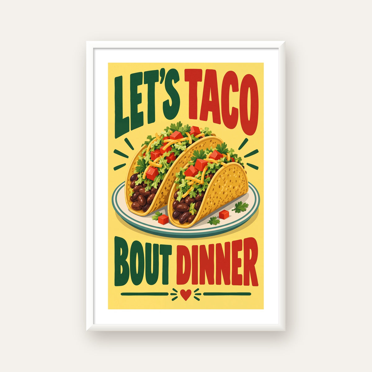 Renkli Taco İllüstrasyonlu Eğlenceli Akşam Yemeği Posteri — beyaz çerçeveli dikey poster