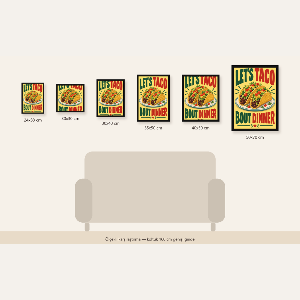 Renkli Taco İllüstrasyonlu Eğlenceli Akşam Yemeği Posteri — 24×33 cm'den 50×70 cm'e, altı ölçünün karşılaştırması