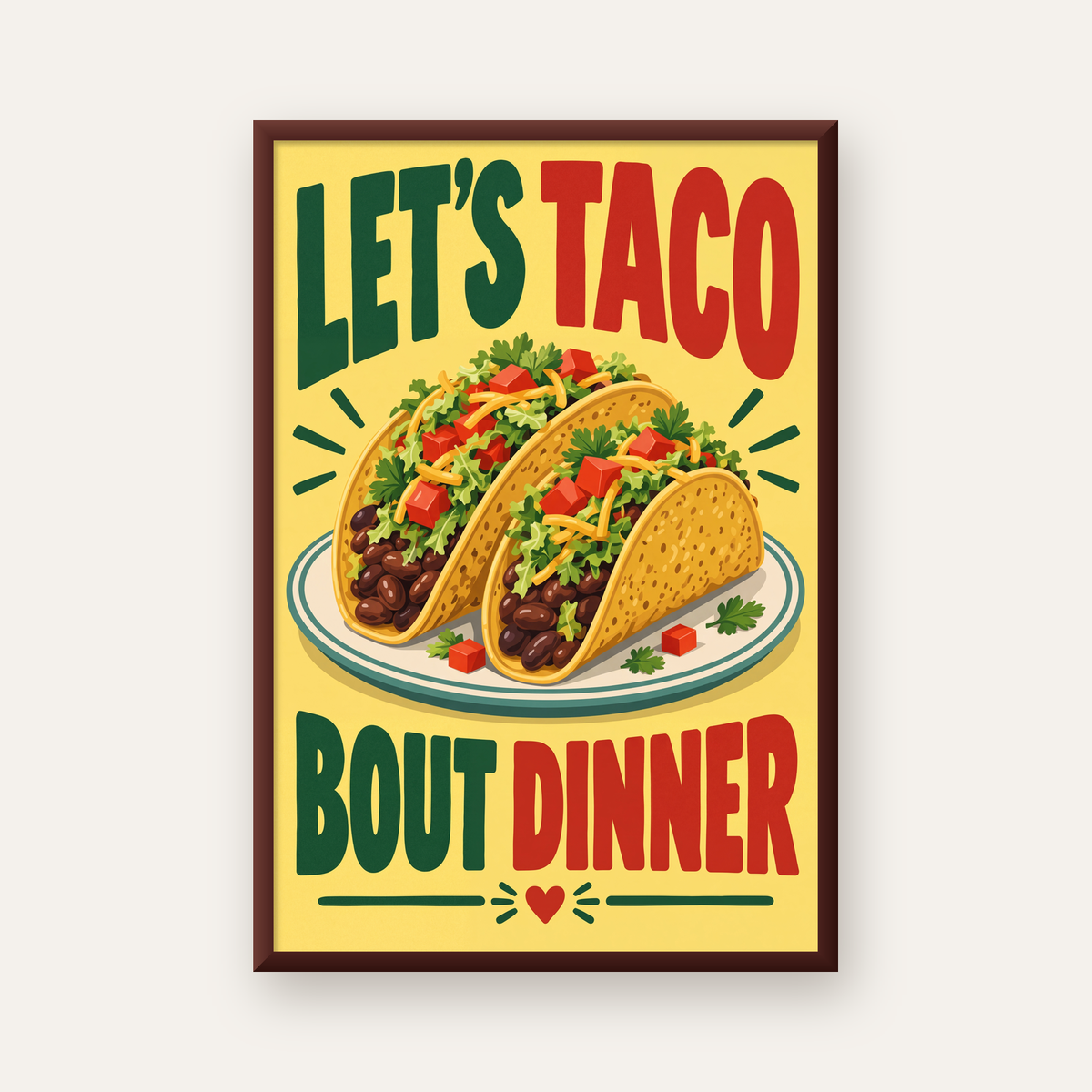 Renkli Taco İllüstrasyonlu Eğlenceli Akşam Yemeği Posteri — ceviz çerçeveli