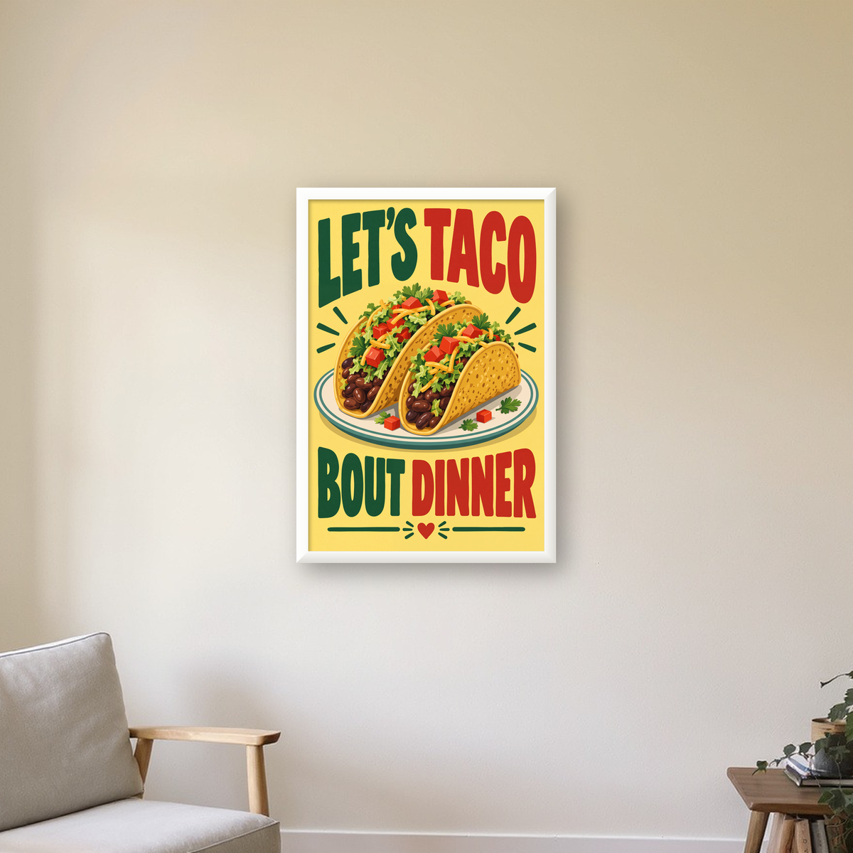 Renkli Taco İllüstrasyonlu Eğlenceli Akşam Yemeği Posteri — beyaz çerçeveli dikey poster