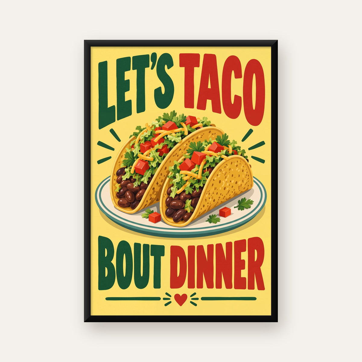 Renkli Taco İllüstrasyonlu Eğlenceli Akşam Yemeği Posteri — ceviz çerçeveli