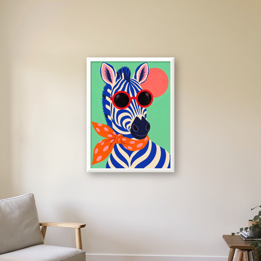 Renkli Zebra İllüstrasyonu Poster – Modern Sanat Baskısı — beyaz çerçeveli dikey poster