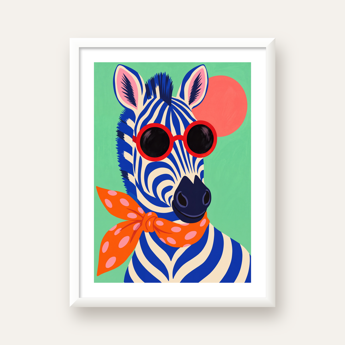 Renkli Zebra İllüstrasyonu Poster – Modern Sanat Baskısı — beyaz çerçeveli dikey poster