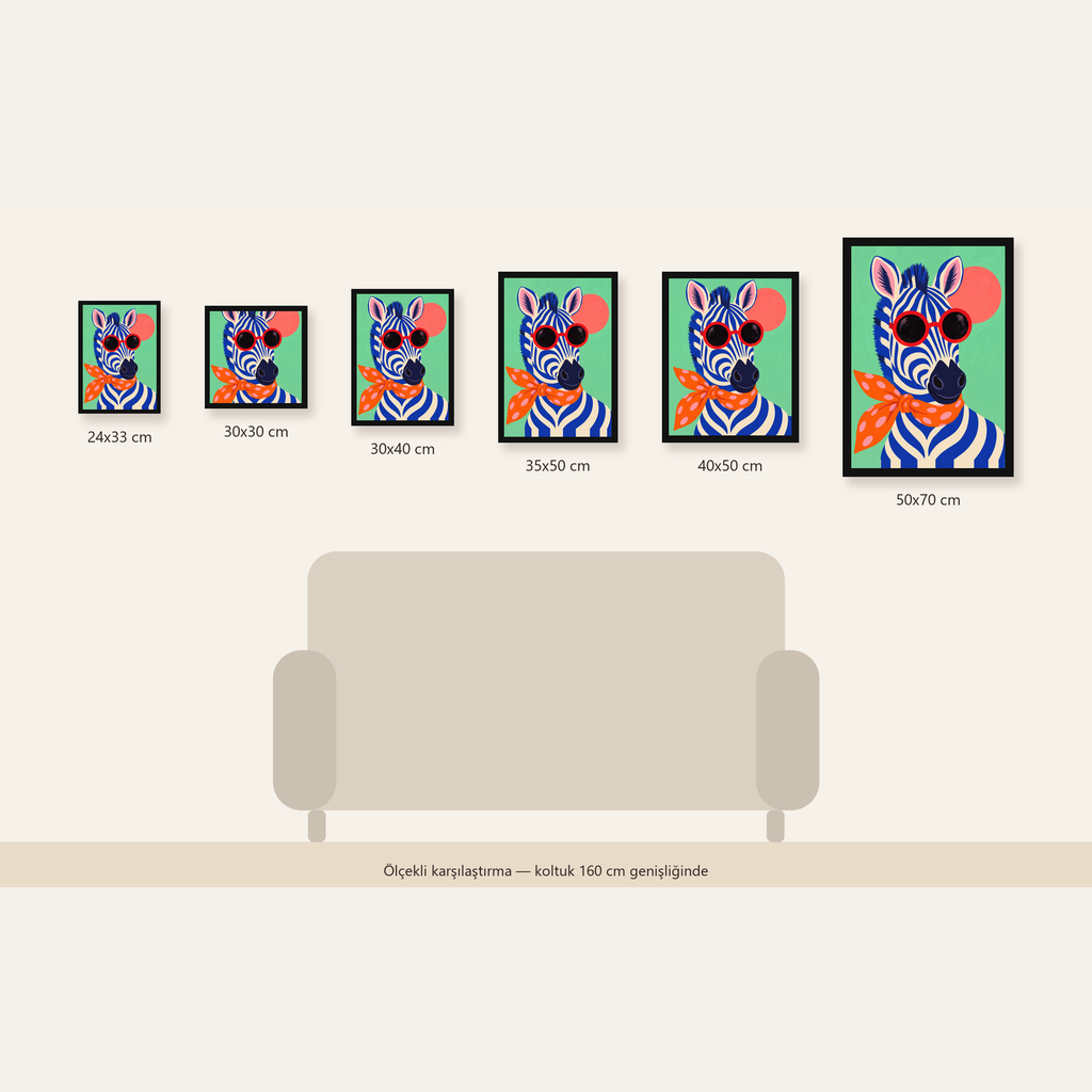 Renkli Zebra İllüstrasyonu Poster – Modern Sanat Baskısı — Dikey ölçülerinin karşılaştırması