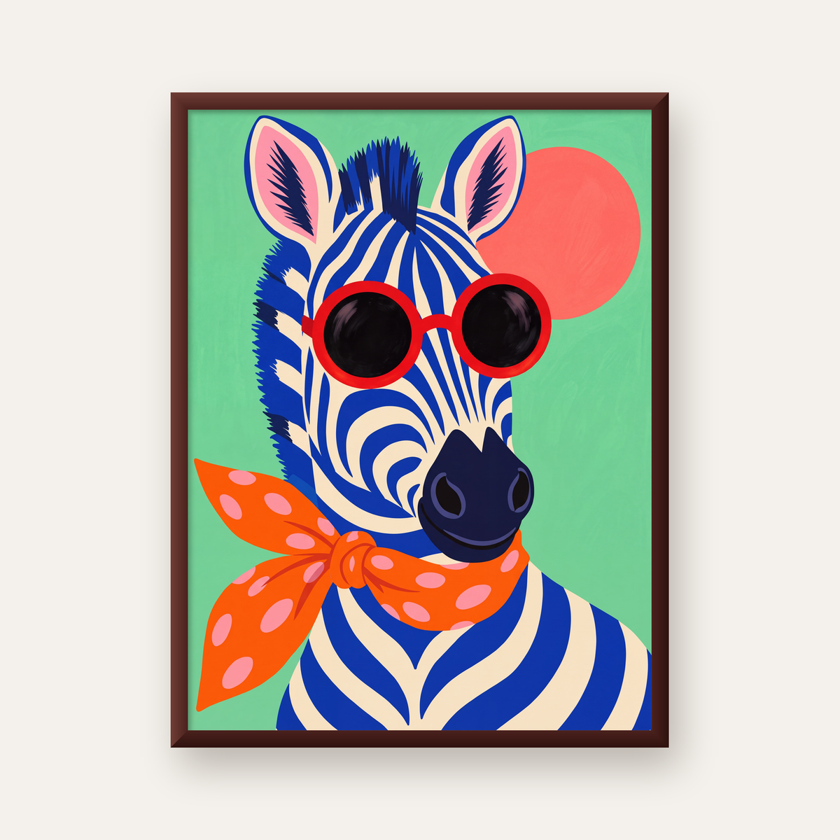 Renkli Zebra İllüstrasyonu Poster – Modern Sanat Baskısı — ceviz çerçeveli