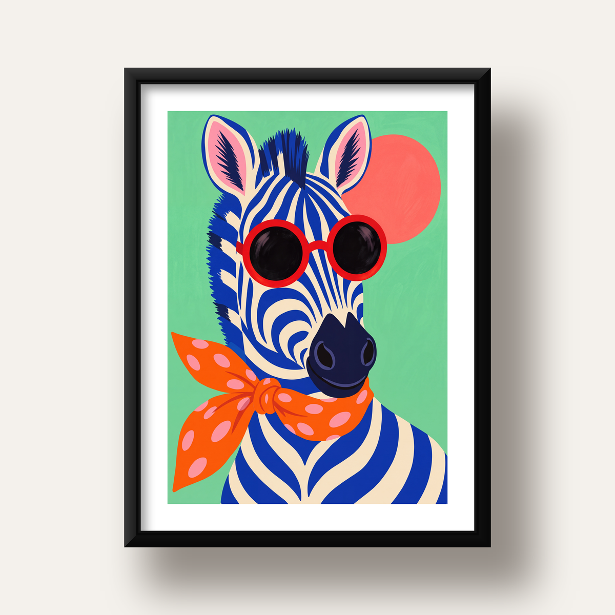 Renkli Zebra İllüstrasyonu Poster – Modern Sanat Baskısı — siyah derin çerçeveli paspartulu
