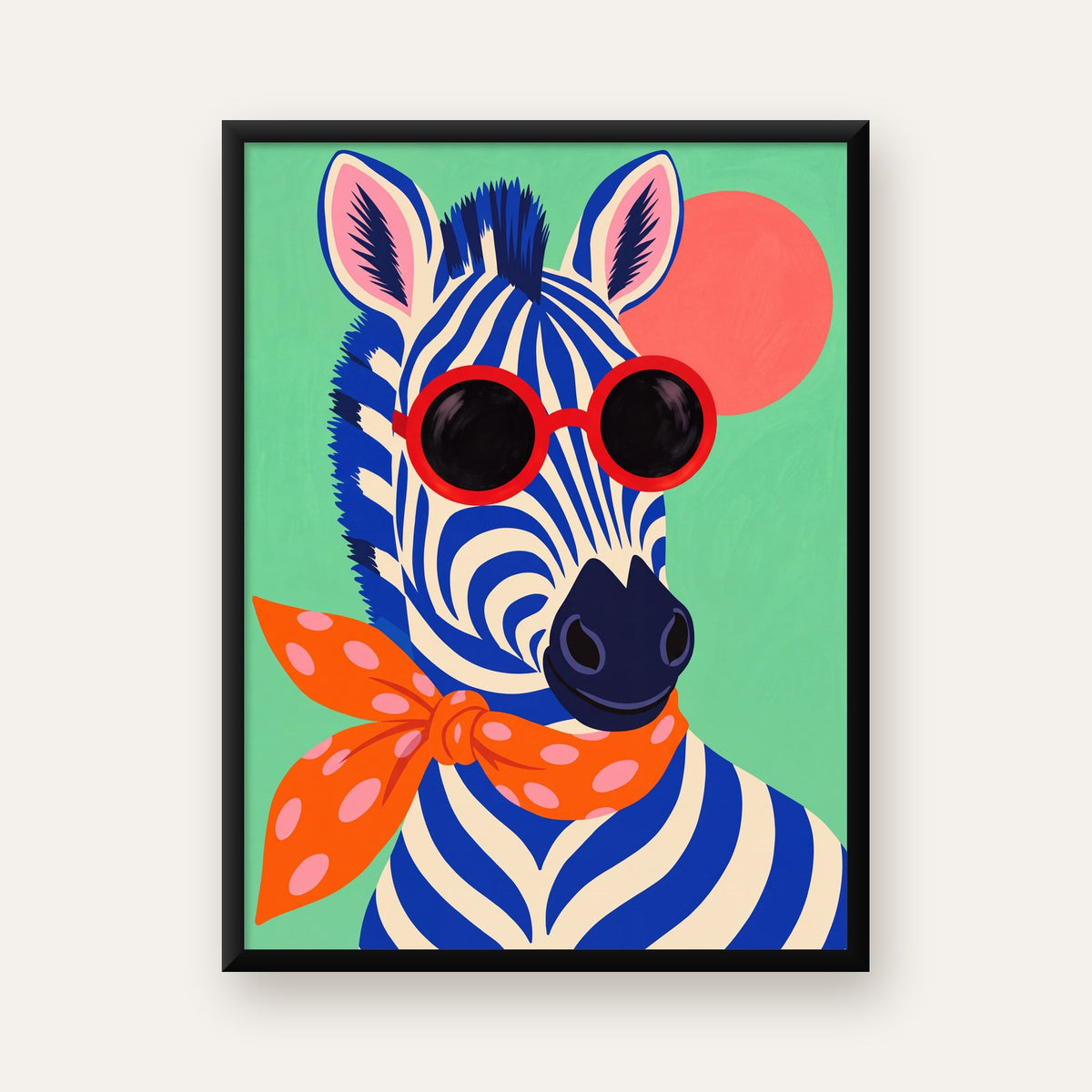Renkli Zebra İllüstrasyonu Poster – Modern Sanat Baskısı — Dikey baskı, düz siyah çerçeveli duvar posteri