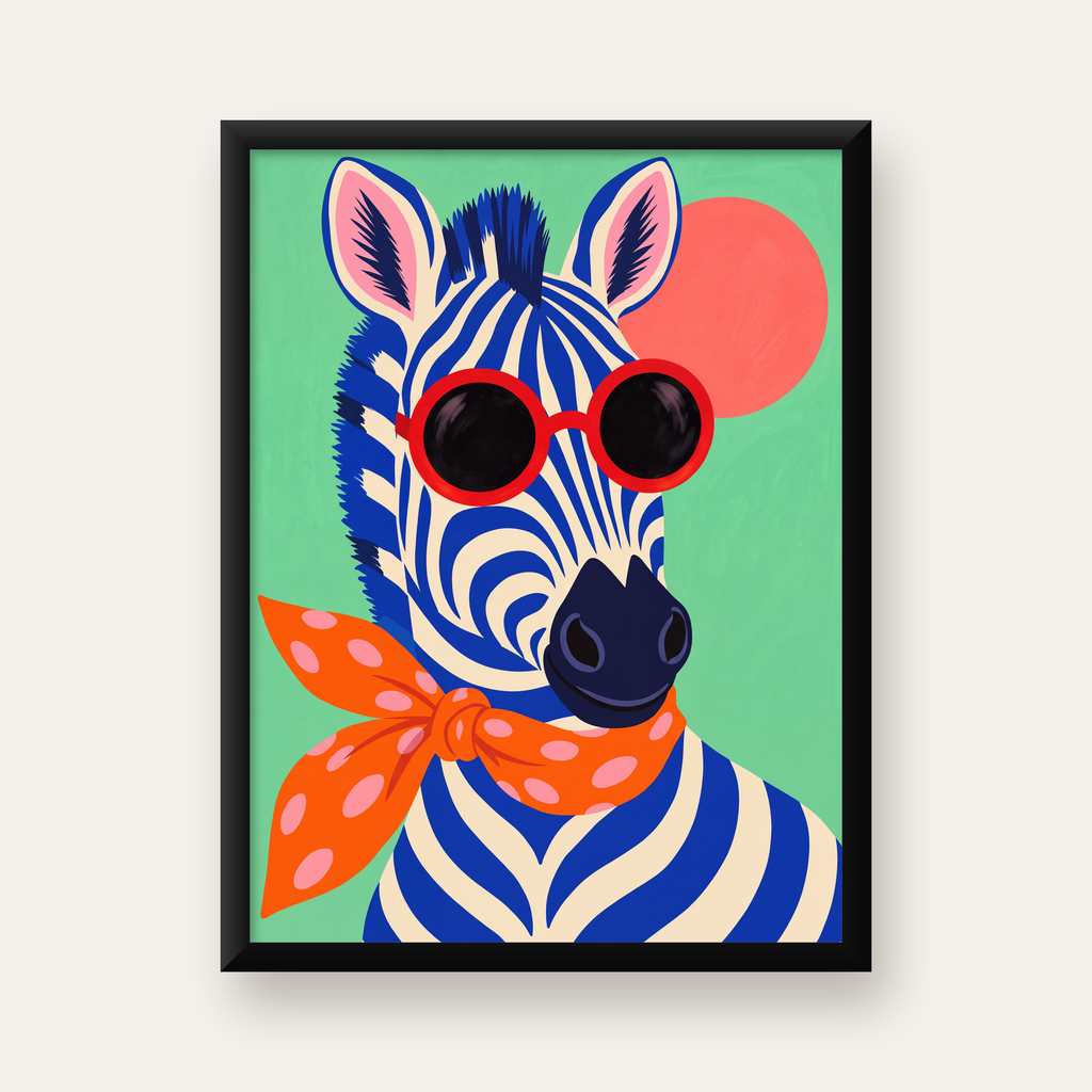 Renkli Zebra İllüstrasyonu Poster – Modern Sanat Baskısı — Dikey baskı, düz siyah çerçeveli duvar posteri