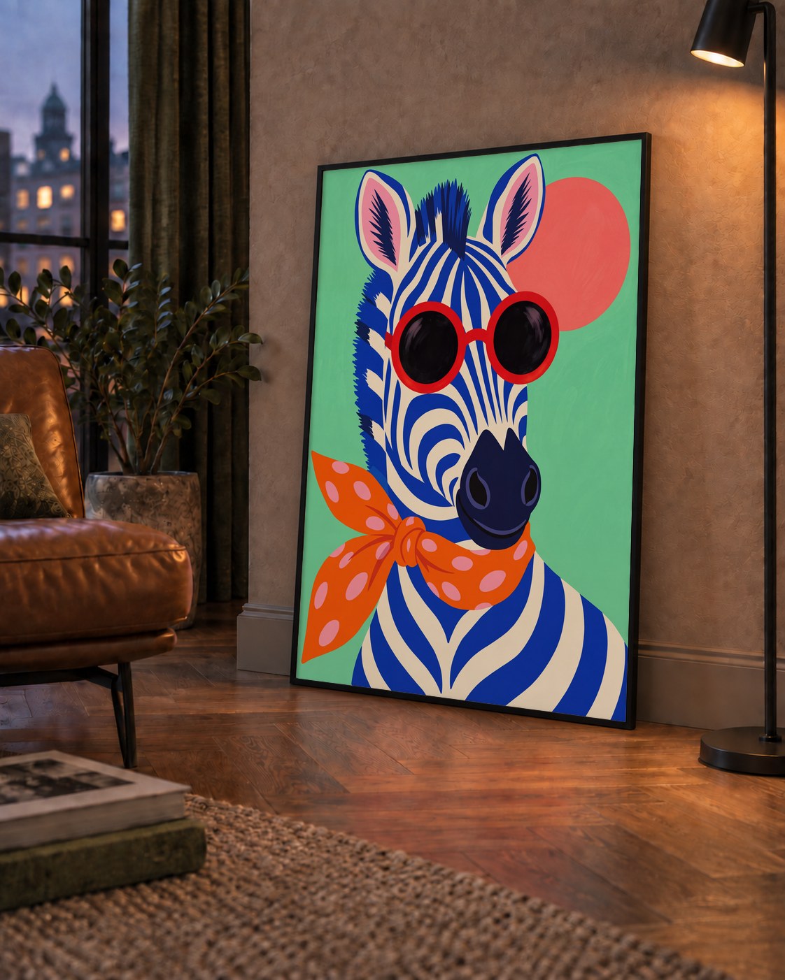 Renkli Zebra İllüstrasyonu Poster – Modern Sanat Baskısı — çerçeveli hâliyle bir ev duvarında