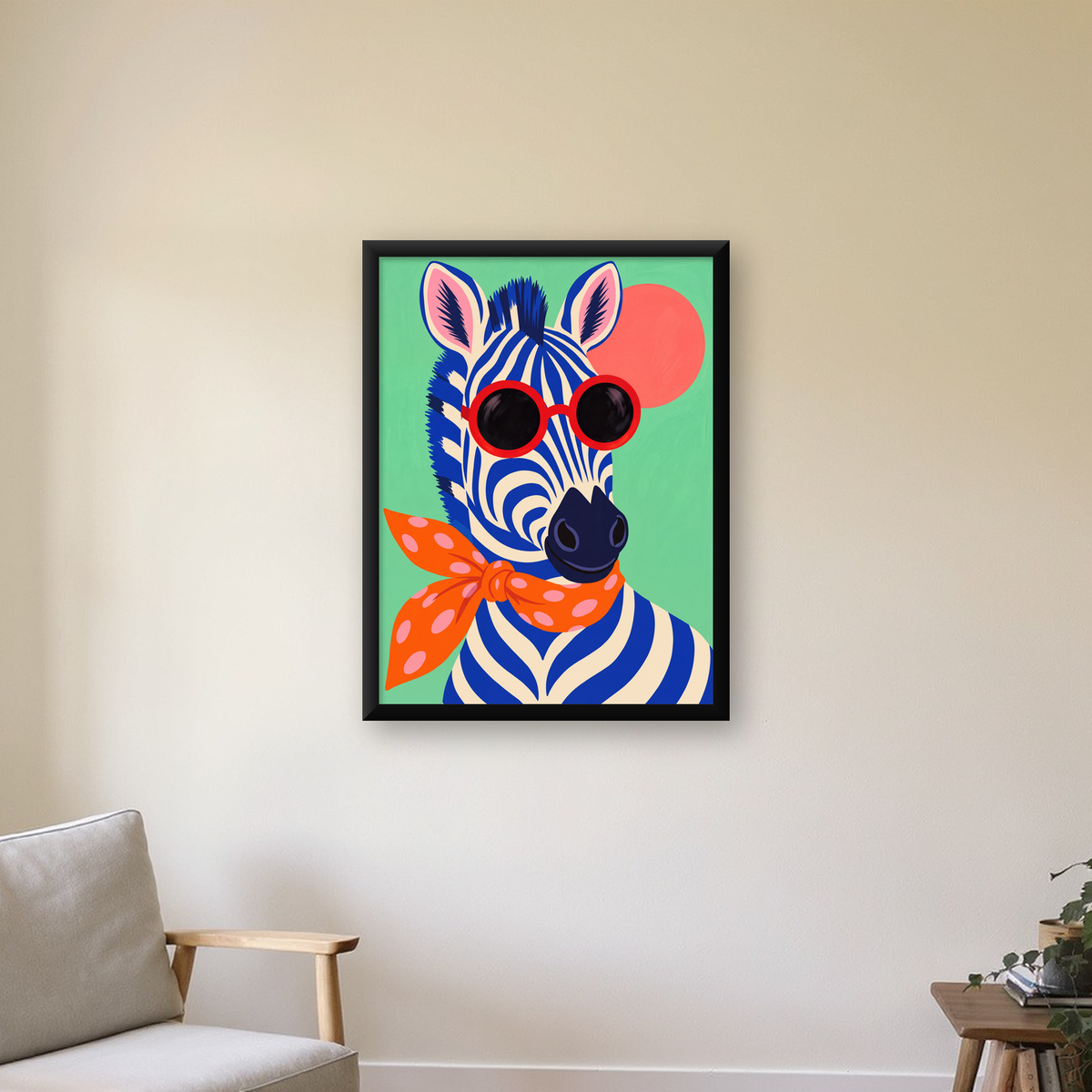Renkli Zebra İllüstrasyonu Poster – Modern Sanat Baskısı — Dikey baskı, çerçeveli hâliyle bir ev duvarında