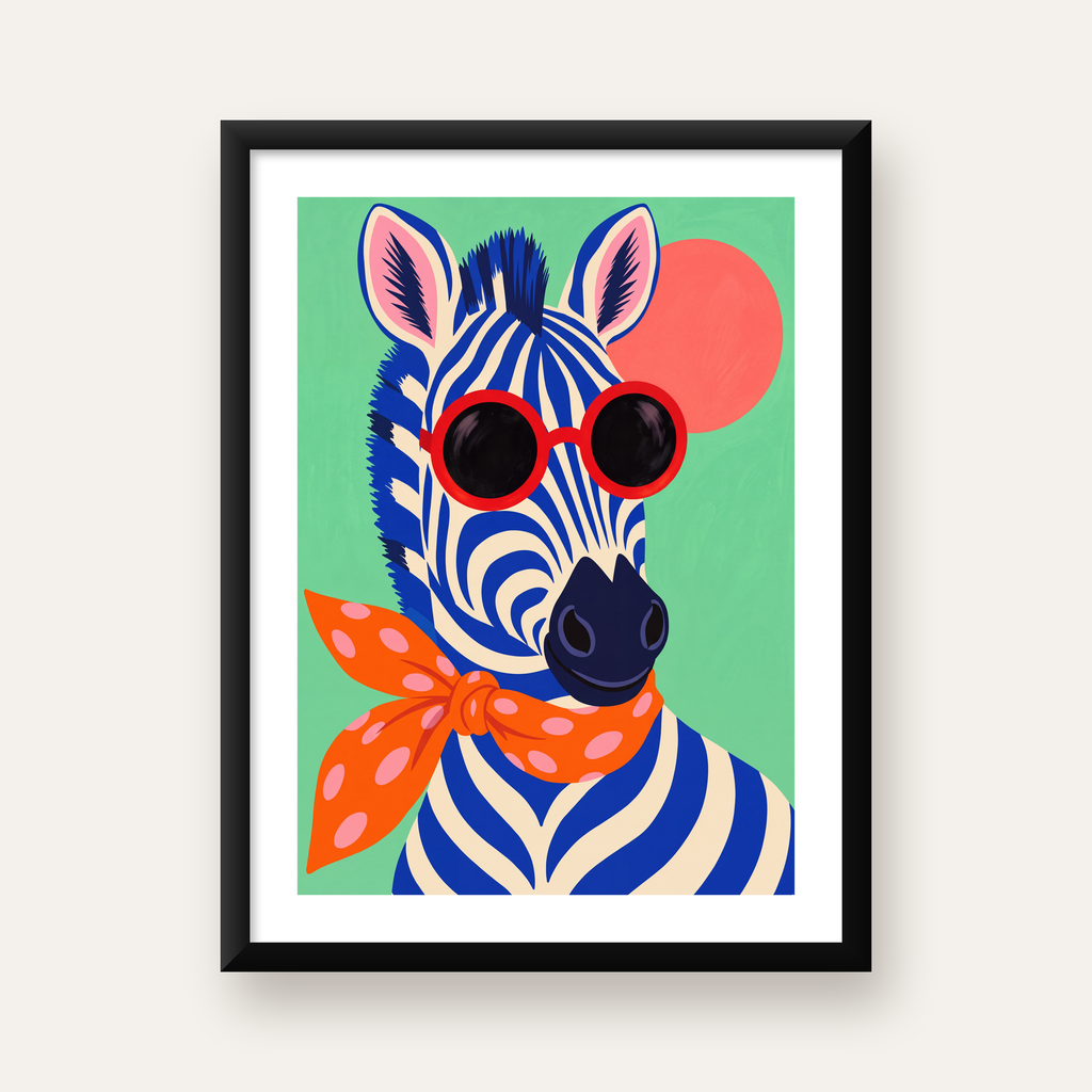 Renkli Zebra İllüstrasyonu Poster – Modern Sanat Baskısı — Dikey baskı, beyaz paspartulu