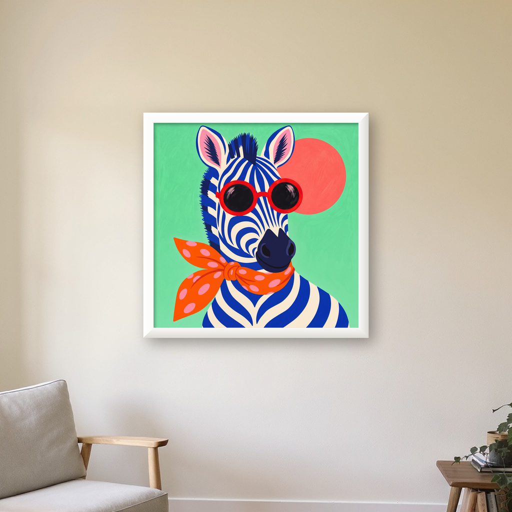 Renkli Zebra İllüstrasyonu Poster – Modern Sanat Baskısı — beyaz çerçeveli kare poster