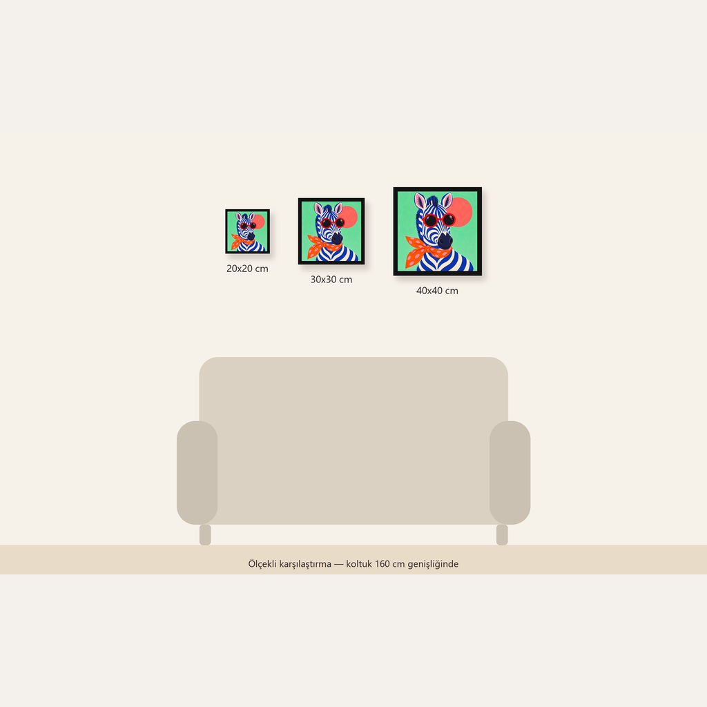 Renkli Zebra İllüstrasyonu Poster – Modern Sanat Baskısı — Kare ölçülerinin karşılaştırması