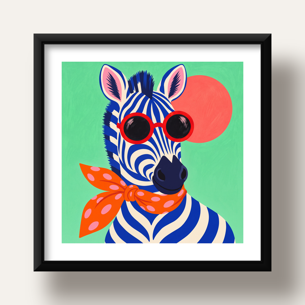 Renkli Zebra İllüstrasyonu Poster – Modern Sanat Baskısı — siyah derin çerçeveli paspartulu